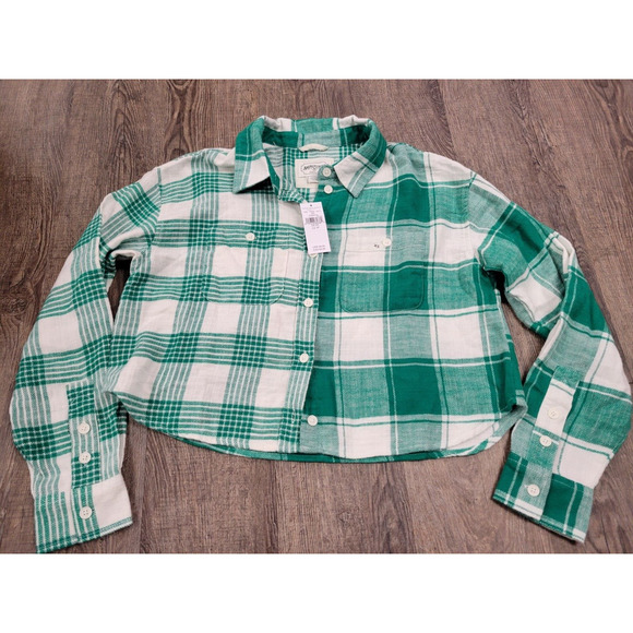 AMERICAN EAGLE NWT Green White Plaid Button Front Flannel Top Women XS - Picture 1 of 5